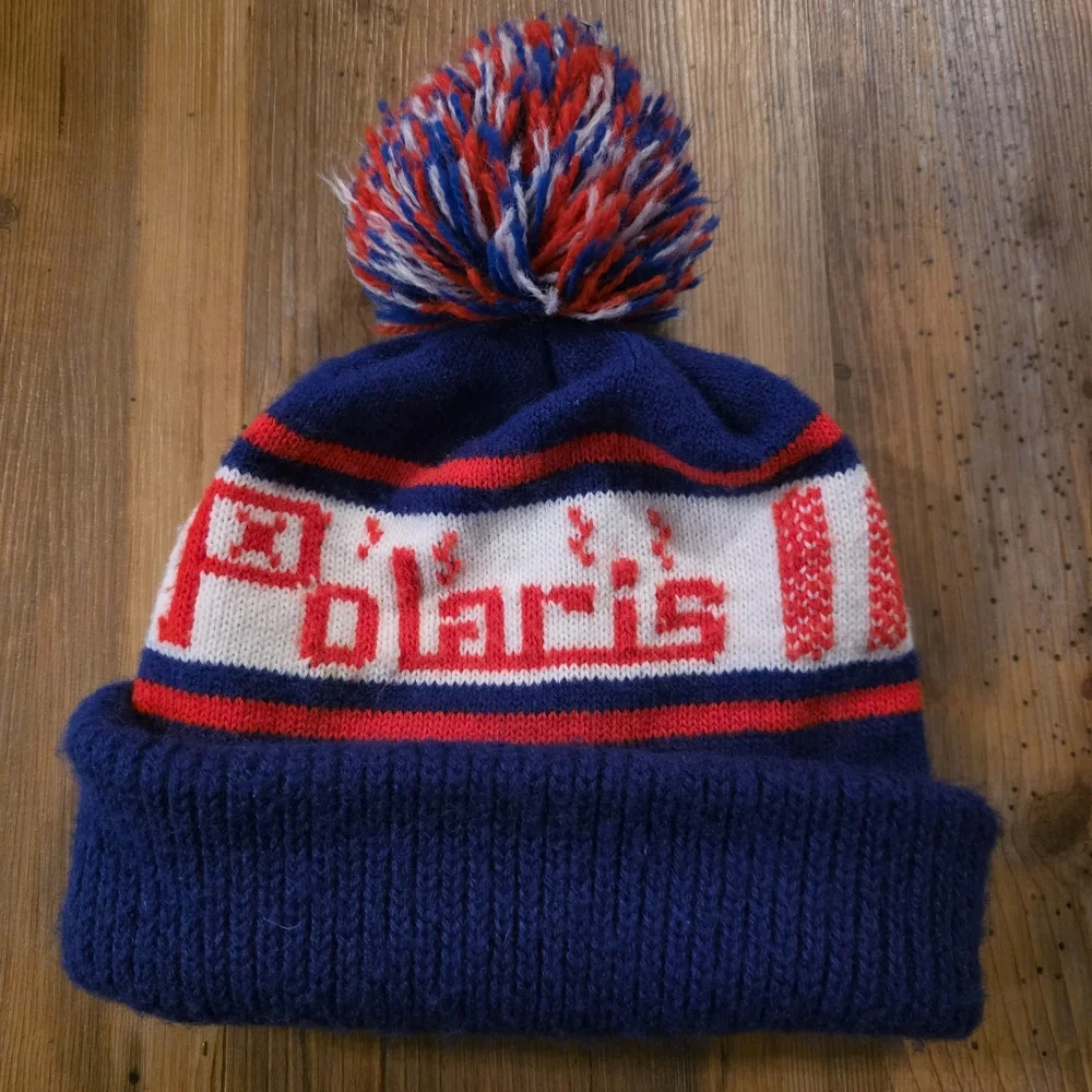 1970s Vintage Polaris Knit Pom Beanie Hat Red White Blue Winter Ski Snowmobile - Picture 2 of 2